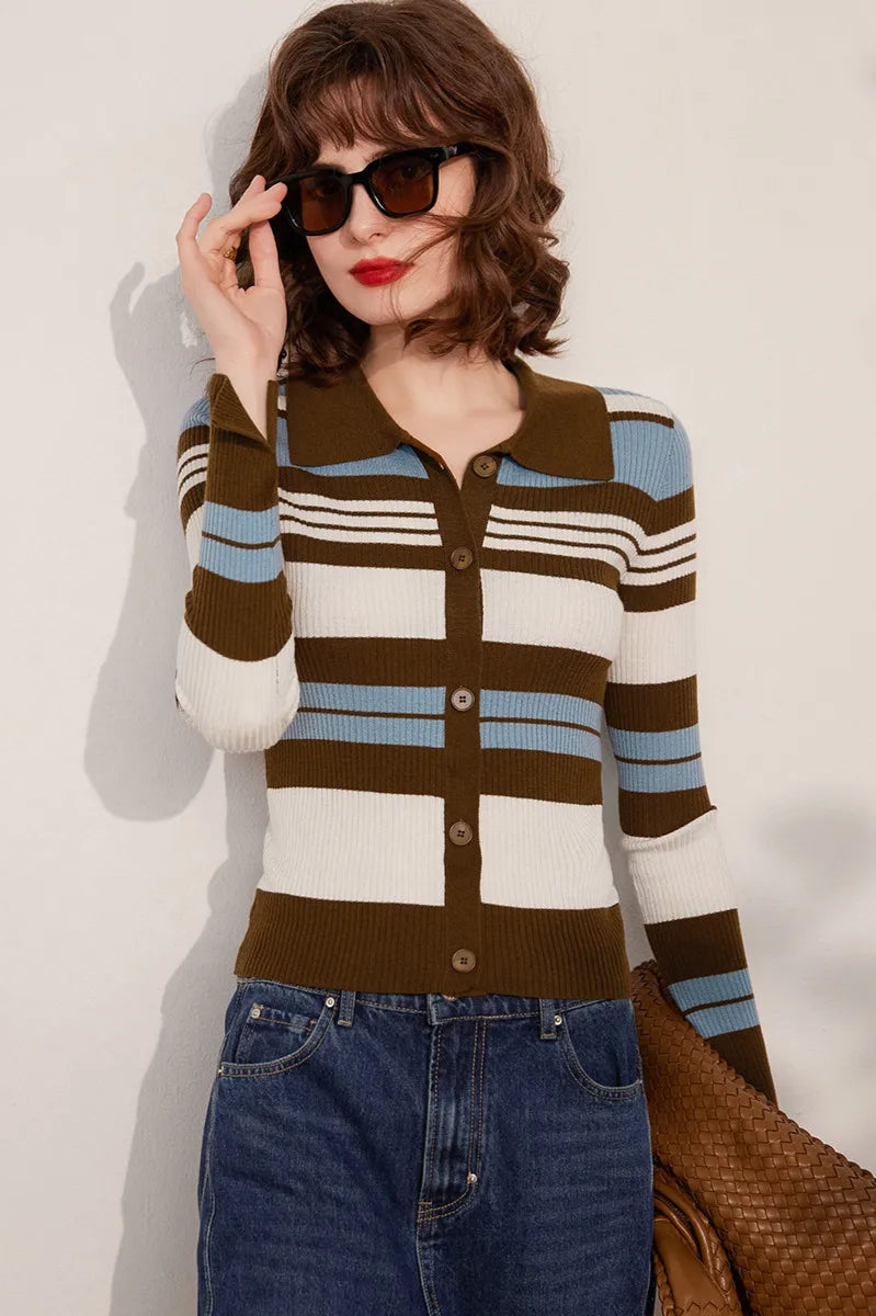 Striped Knit Turn down Collar Cardigan