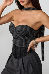 Stripe Lace Trim Backless Corset Crop Top