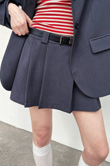 Contrast Sleeve Blazer Pleated Midi Skirt Set