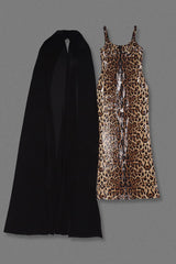 Leopard Sequin Sheer Cape Spaghetti Strap Backless Prom Dress