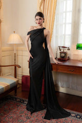 Elegant Satin Slant Neck Sheath Formal Dress