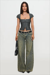 Vintage Square Neck Two Way Zip Stripe Crop Top