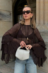 Flared Sleeve Chiffon Ruffle Detail Blouse