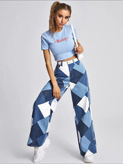Color Block Argyle Print Wide Leg Jeans Blue / M Jeans