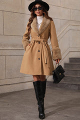 Fur Collar Belted Midi Trench Coat Khaki / S