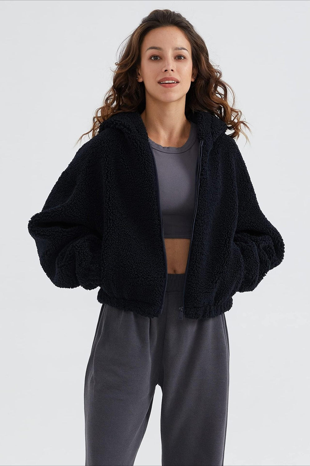 Fuzzy Hooded Zip Short Jacket Navy blue / XS