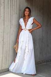 V Neck Ruffle Slit Flowy Maxi Boho Dress