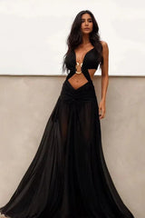 Mesh Hollow Out Boho Dress Black / S