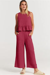 Ruffle Back Button Crop Two Piece Pants Set