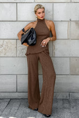 Green Halter Neck Top Pleated Wide Leg Pants Set