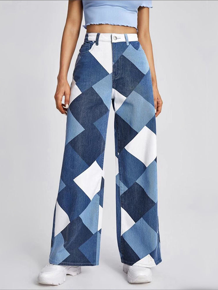 Color Block Argyle Print Wide Leg Jeans Jeans