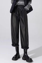 Slim PU Leather Elastic Waist Straight Pants