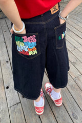 Color Letter Print Loose Fit Denim Shorts