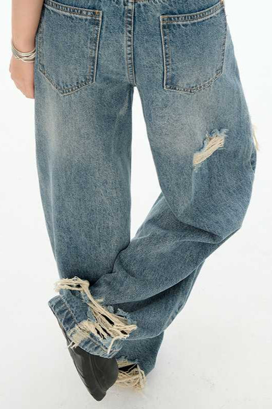 Retro Distressed Long Straight Leg Jeans