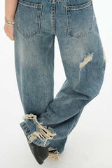 Retro Distressed Long Straight Leg Jeans
