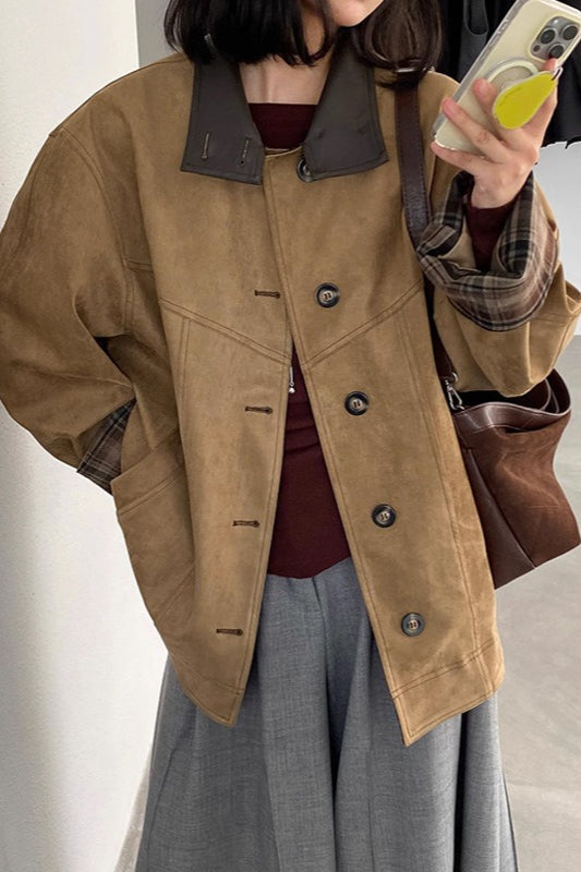 Brown Stand Collar Plaid Suede Jacket