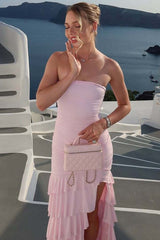 Ruffled Ruching Tiered High Slit Strapless Waist Cinched Prom Dress