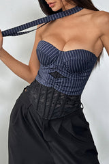 Stripe Lace Trim Backless Corset Crop Top