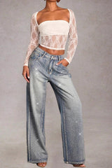Full Rhinestone High Waist Wide Leg Denim Jeans