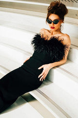 Faux Fur Trim Strapless Bodycon Dress