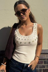 Sequin Button Ribbed Sleeveless Crop Top
