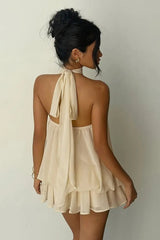 Sexy Backless Halter Tie Waist Slim Fit Ruffled Mini Dress