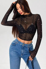 Long Sleeve Mesh Sequin Mandarin T-shirt