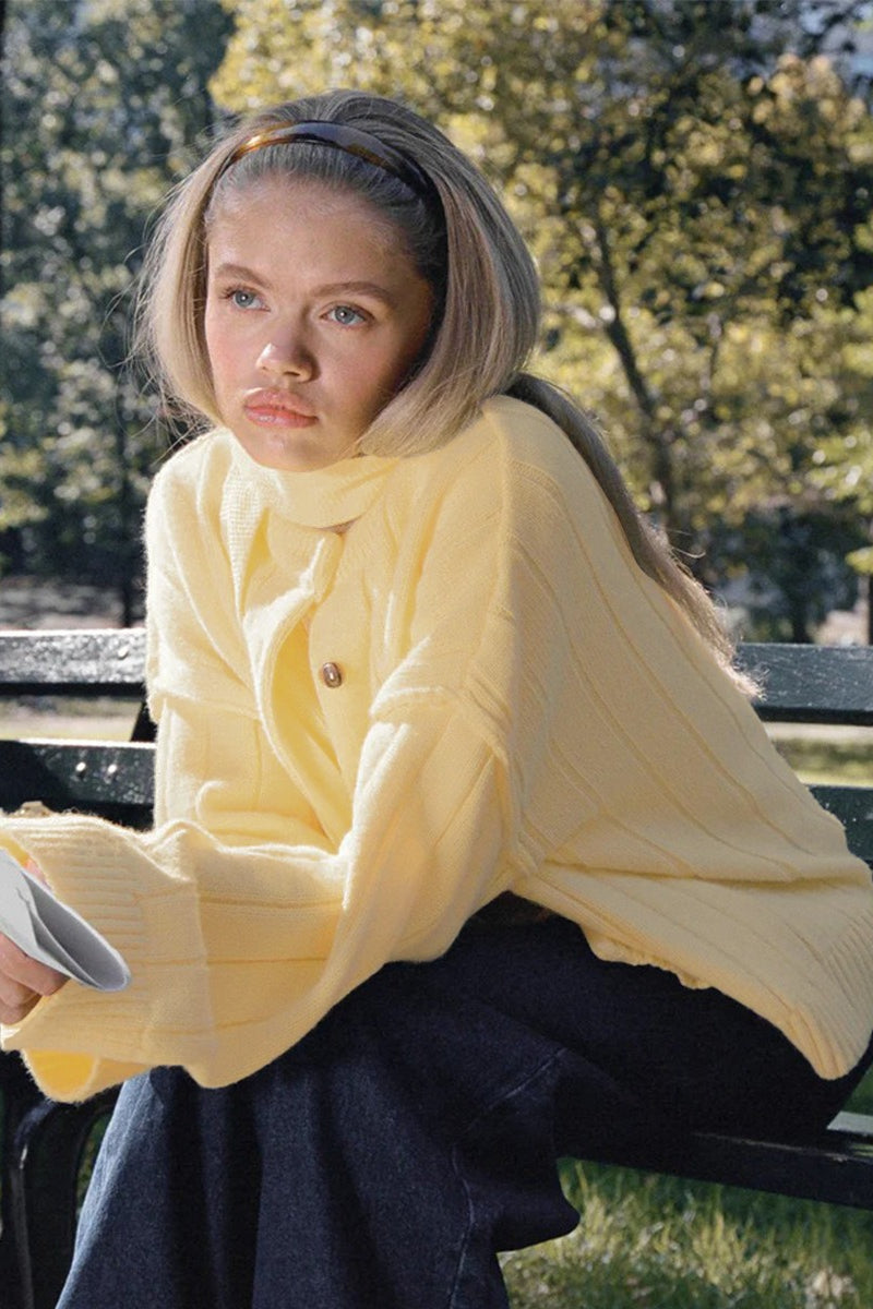 Yellow Ribbed Round Neck Knit Cardigan