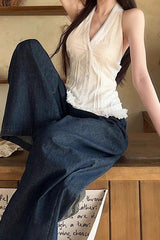 White Lace Trim V Neck Halter Waist Tie Tank Top