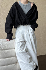 Off Shoulder Structured Peplum Mock Two Piece Blouse