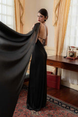 Elegant Satin Slant Neck Sheath Formal Dress