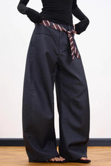 Casual Belt Detail Curved Wide Leg Pants