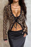Crystal Rhinestone Leopard Print Tie Detail Long Sleeve Blouse