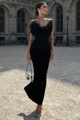 Faux Fur Trim Strapless Bodycon Dress