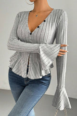 Flounced V-Neck Bodycon Knit Top