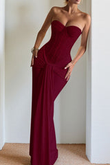 Ribbon Strapless Corset Maxi Evening Prom Dress