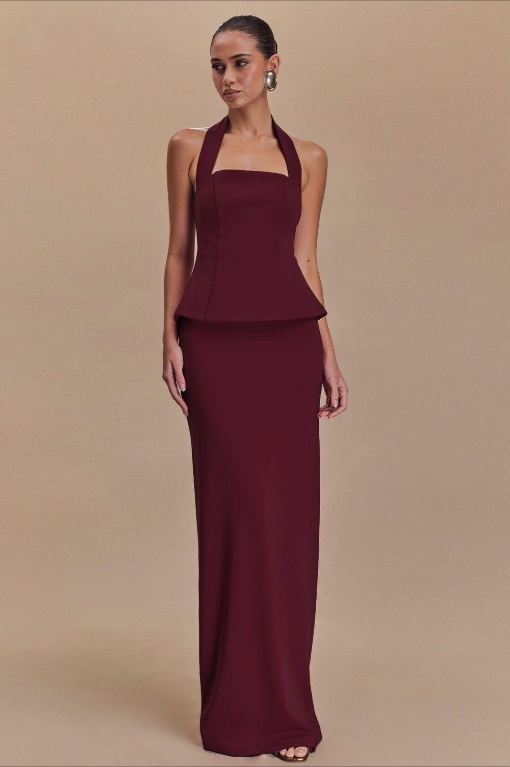Solid Halter Backless Maxi Formal Dress S / Claret