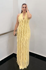 Solid Halter Deep V Back Lace Detail Long Prom Dress