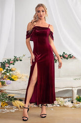 Velvet Off Shoulder Sling Split Maxi Evening Velvet Dress