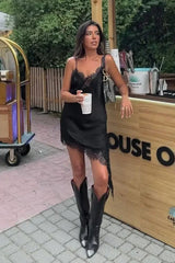 Alluring Asymmetric Lace Trim Fitted Mini Dress