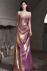 Off Shoulder Ruched Satin Elegant Prom Dress