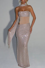 Sequin Sash Strapless Gown Dress
