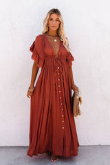 Button Front Drawstring Waist Maxi Boho Dress
