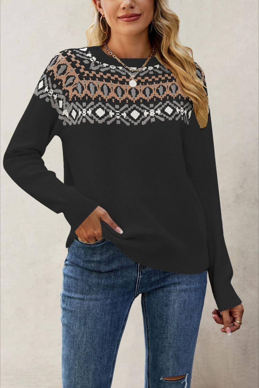 Jacquard Crew Neck Knit Pullover Sweater Black / S