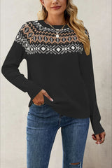 Jacquard Crew Neck Knit Pullover Sweater Black / S