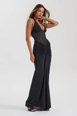 Halter Mesh Panel Maxi Dress