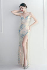 Iridescent Sequin Slit Bodycon Maxi Dress Apricot / S