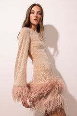 Long Sleeve Feather Sequin Mini Dress