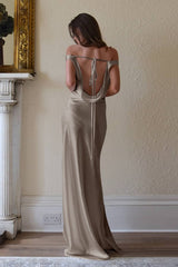 Satin Off Shoulder Backless Tie Waist Slim Fit Long Sexy Prom Dress