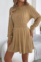 Solid Round Neck Chunk Cable Waisted Knit Mini Dress